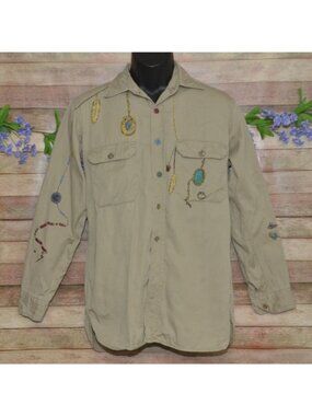 Vintage JCPenneys Big Mac Khaki Denim Hand Painted Size L One of a KIND Boho